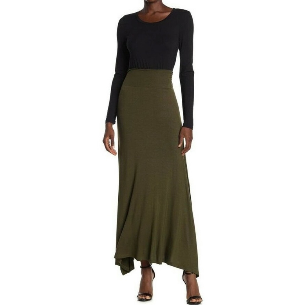 Bobeau Dark Green Side Slit Jersey Maxi Skirt